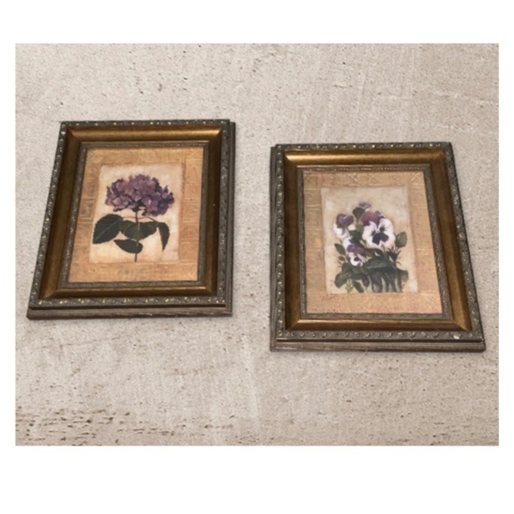 2- Antique Gold Framed & Matted Floral 8x10 Prints; Purple Pansies & Hydrangea